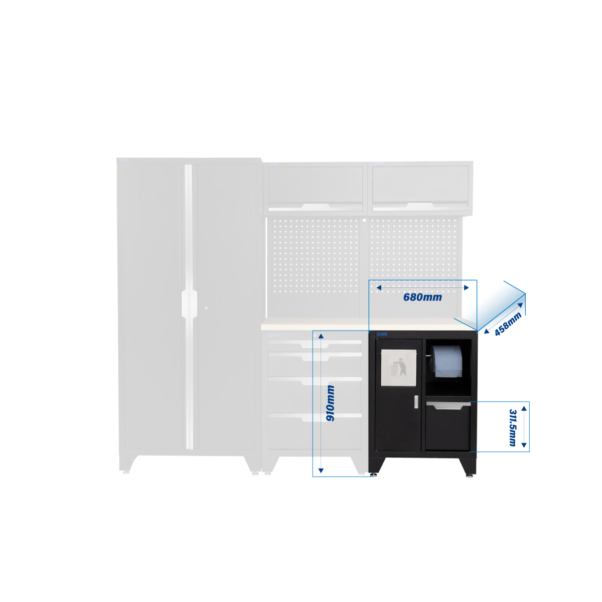 SGS 7pc Garage Storage System | 4 Drawers | Pressed Wood Worktop | Bin Unit | 2x Upper Cabinets | Tall Double Cabinet